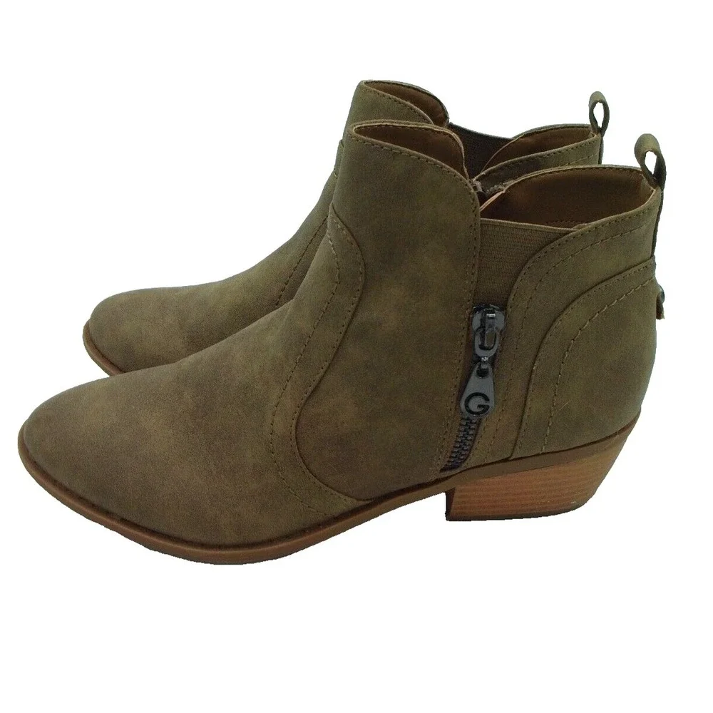 By Guess Boots Womens 7.5 M Ankle Booties Beige Faux‎ Leather  Side Zippers